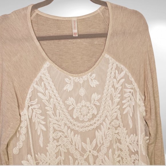 Xhilaration Beige Long Sleeved Top w/ Ivory Lace & Chiffon Embroidered Overlay - Picture 3 of 5